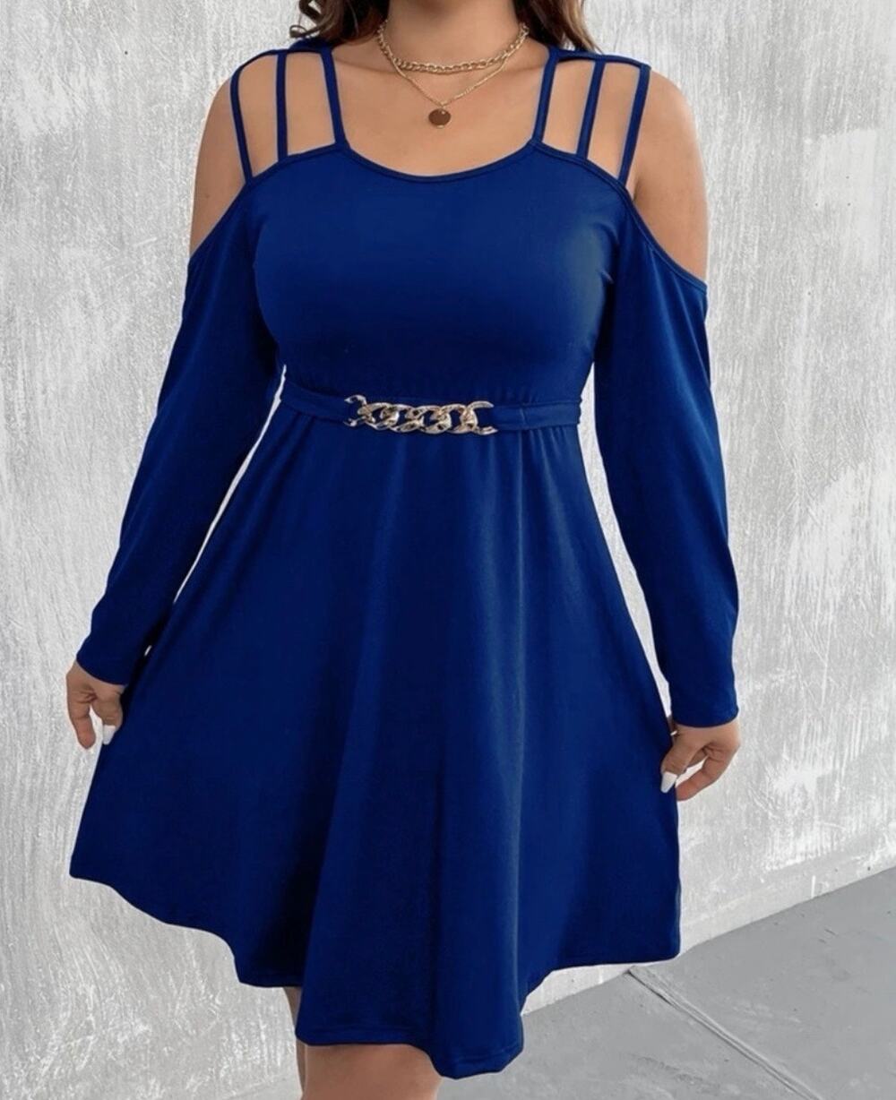 Cold Shoulder Fit & Flare Royal Blue Dress Empire Waist A-line Caged Straps EUC
